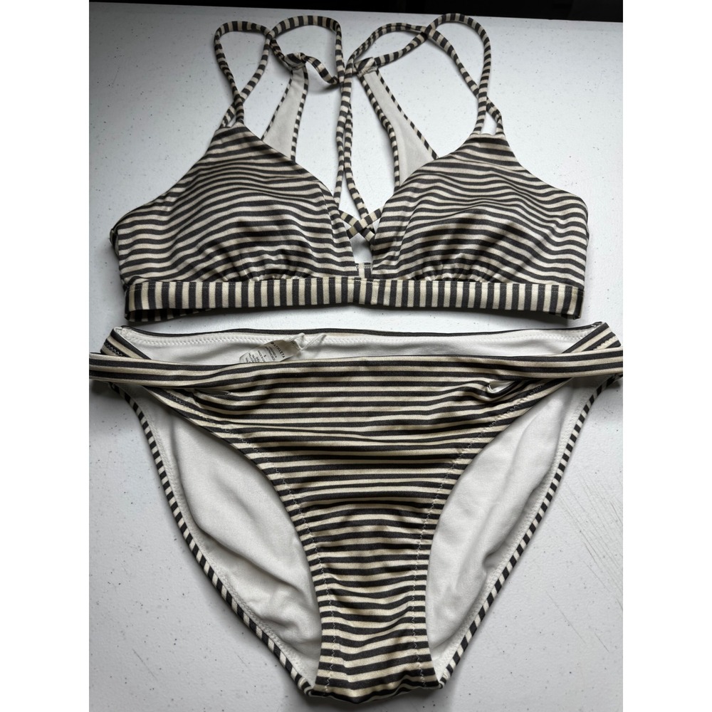 Athleta Striped Bikini Set XS Top S Bottom Strappy Back Brown Tan Swimsuit